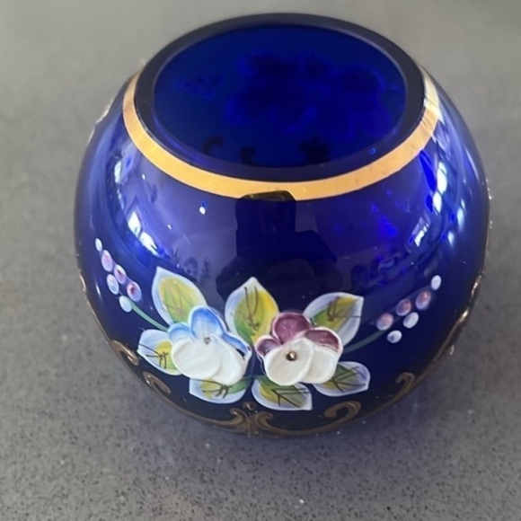 Egermann Bohemian Crystal Bowl In Cobalt Blue Gold And Gilt Applied Flowers - Picture 4 of 9
